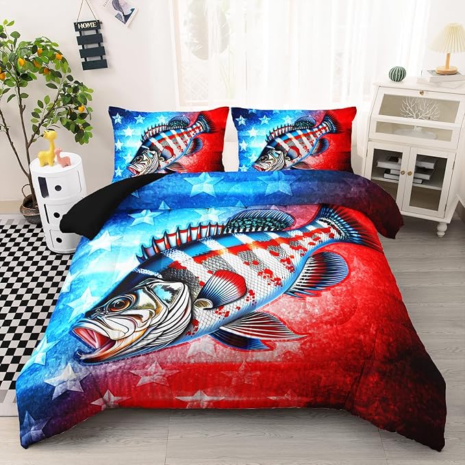 AILONEN Pike Fish Bedding Set Twin Size - Red and Blue Bass Big Fishing Comforter Set with 2 Pillowcases,3-Piece Hunting Bedding