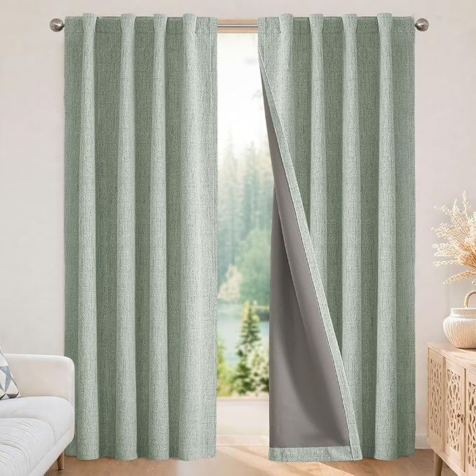 Joydeco Blackout Curtains for Bedroom - 100% Light Blocking 2 Panels Sage Green Drapes 37" W x 84" L, Thermal Insulated Room Darkening Curtains, Linen Textured for Living Room, Rod Pocket & Back Tabs