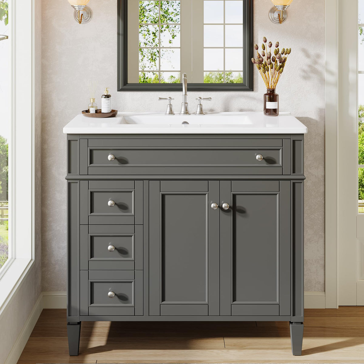 Tribesigns 36 Inch Bathroom Vanity with Sink, Modern Bathroom Cabinet with 3 Drawers & 2 Doors, Freestanding Single Sink Bath Storage with Solid Wood Frame, Adjustable Shelf, Paint Surface Dark Grey