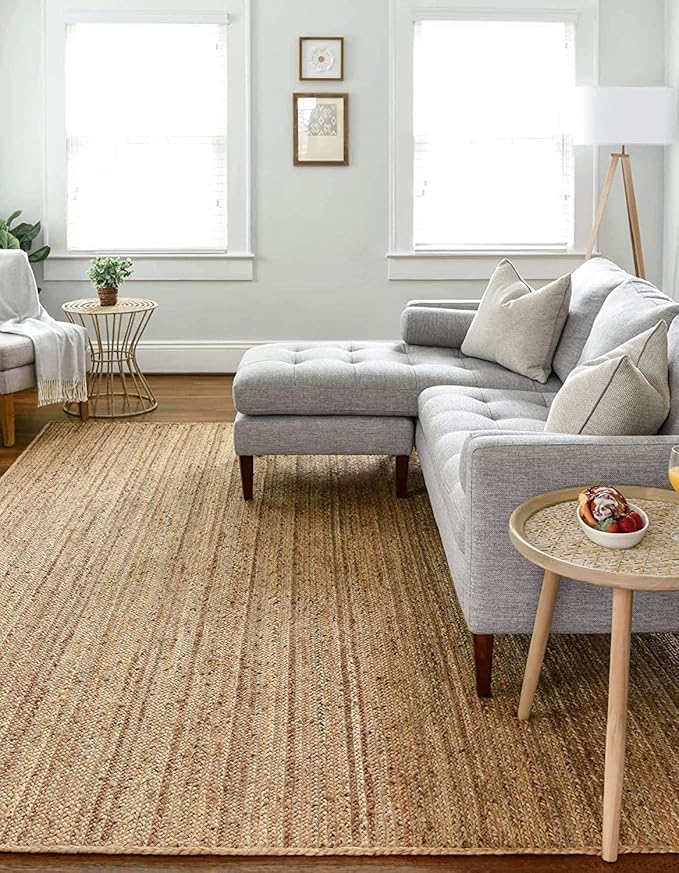FRELISH DECOR Handwoven Jute Area Rug - 10 ft x 13 ft - Natural Yarn - Rustic Vintage Beige Braided Reversible Rug - Eco Friendly Rugs for Bedroom - Kitchen - Living Room - Farmhouse (10' x 13')