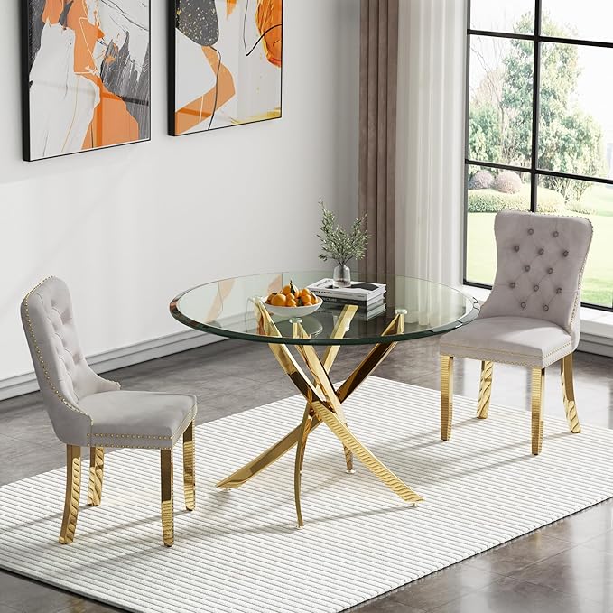 HomVent Round Glass Dining Table Set for 2, Modern Tempered Glass Kitchen Table Set and Chairs, Round Glass Dining Room Table Set for Kitchen (Gold, 36 inch Gold Table with 2 Beige Chairs)