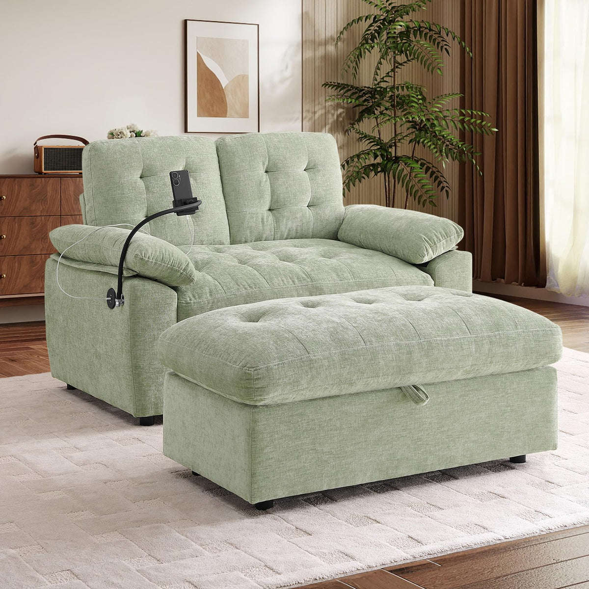 56” Chaise Lounge Chair with Ottoman, Oversized Loveseat Reading Accent Comfy Chenille Tufted Sofa with Storage & USB Charging, Adjustable Backrest Sofa Chaise w/ Phone Holder & Padded Arms, Cyan