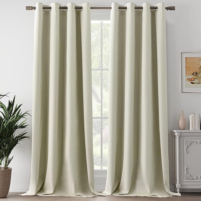 100% Blackout Beige Linen Curtains 95 Inch Length, Noise Reducing Lightweight Curtains for Bedroom Guest Room, Thermal Insulated Grommet Top Drapes, Beige, W52 x L95, 2 Panels