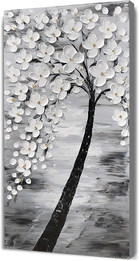 Yihui Arts Hand-Painted Textured White Blossom Tree Art on Canvas, Grey & Black Toned Floral Painting for Modern Home Decor, Unique Thick Textured Petals Wall Art