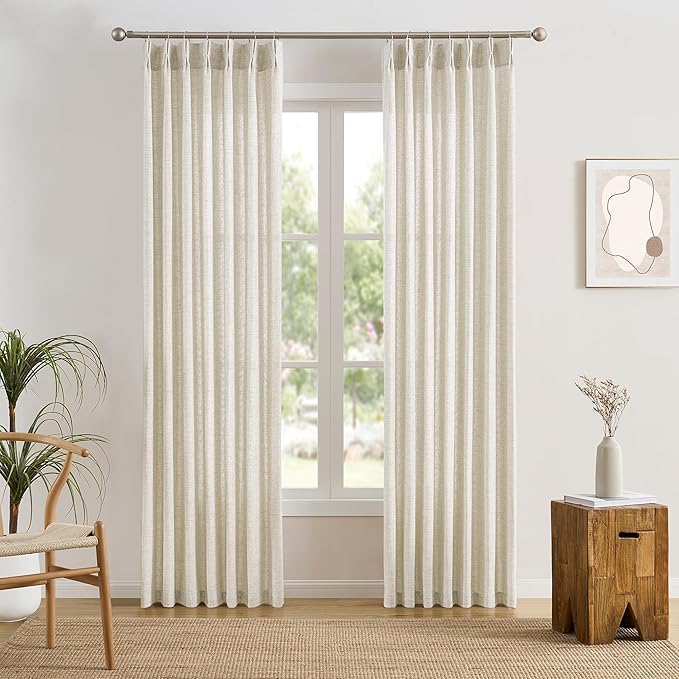 RAIN CITY Long Pinch Pleated Viral Curtains Sheer 108 Inches Long 9 ft FT Length, Back Tab with Hooks Light Blocking Window Draperies for Sliding Glass Door Neutral Earth Tone 42 Wide Natural Color