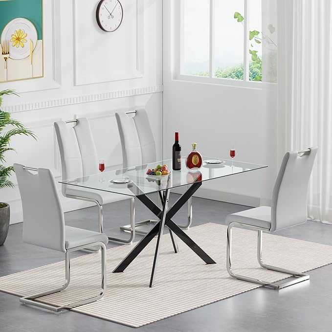 HomVent 5 Pieces Rectangular Glass Dining Table Table Set, Glass Kitchen Table Set for 4 with 4 PU Dining Chairs for Kitchen Dining Room