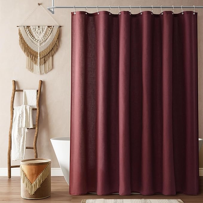 Naturoom Burgundy Linen Shower Curtain, Country Boho Farmhouse Bath Decor Shower Curtains Neutral Cloth Weighted Textured Fabric Bath Curtain Liner with Hooks, 72x78