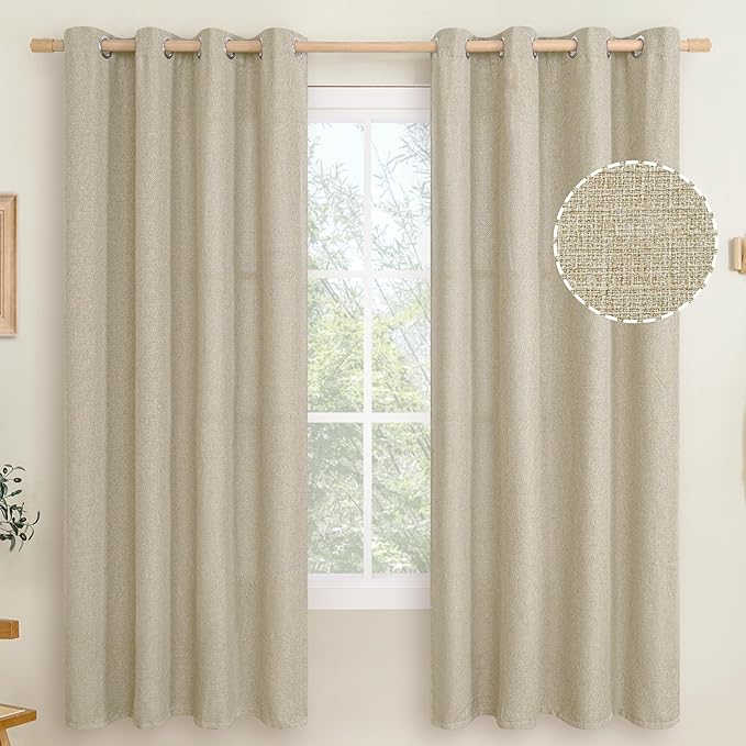 LAMIT Natural Linen Thermal Curtains for Bedroom, 72 inches Grommet Thick Light Reducing Curtains Light Filtering Window Panels for Living Room/Farmhouse, Set of 2 Panels, W52 x L72, Camel