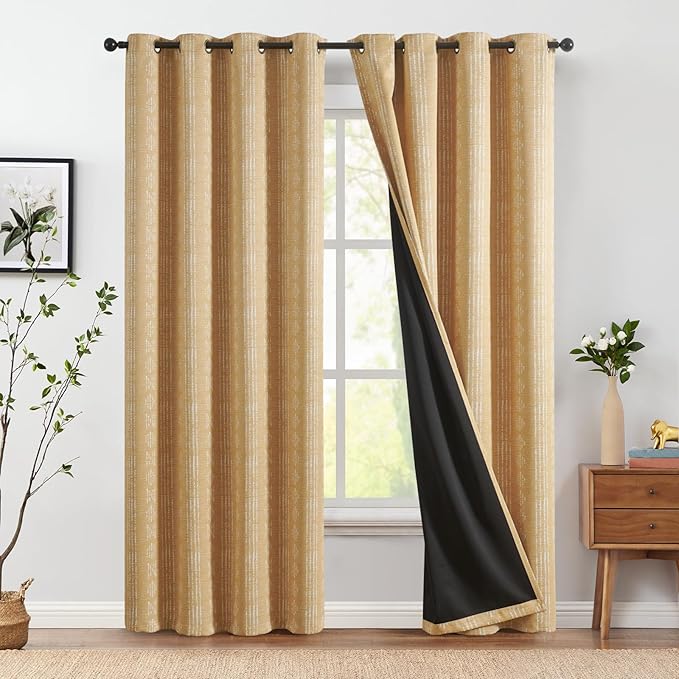 jinchan 95% Blackout Boho Curtains 96 Inch Length for Bedroom Mustard Yellow Geometric Printed Grommet Top Room Darkening Thermal Insulated Window Drapes 2 Panels