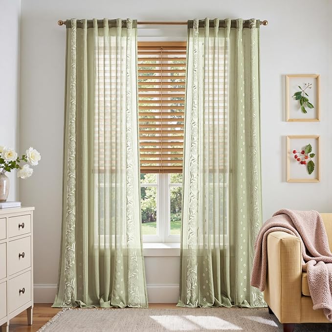 jinchan Winslow Sheer Curtains 96 Inch for Bedroom Living Room Embroidered Bordered Floral Nursery Curtains for Playroom Light Filtering, Ivory on Sage, 2 Panels, 50W x 96L