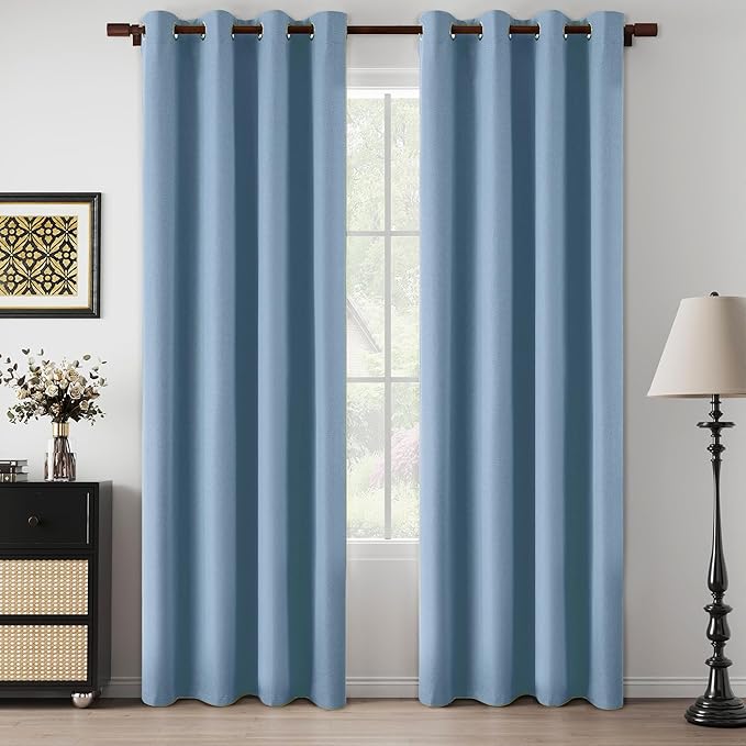100% Blackout Dusty Stone Blue Linen Curtains 90 Inches Long, Soundproof Linen Look Curtain Panels Lightweight Window Drapes for Living Room Bedroom, Dusty Blue, W52 x L90, 2 Panels