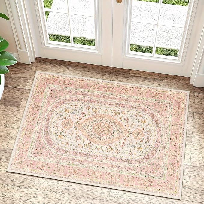 Small Rugs 2x3,Pink Rug for Entryway Bathroom Bedroom Kitchen Entrance Doormat,Boho Vintage Bohemian Distressed Farmhouse Washable Accent Floor Throw Carpet Non Slip,Blush Floral