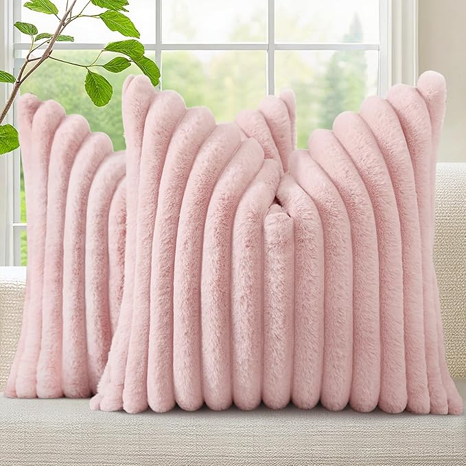decorUhome Faux Fur Spring Throw Pillow Covers 26x26 Set of 2, Decorative Soft Plush Striped Neutral Couch Euro Pillow Covers with Velvet Back for Sofa, Bed, Living Room Home Decor, Pink