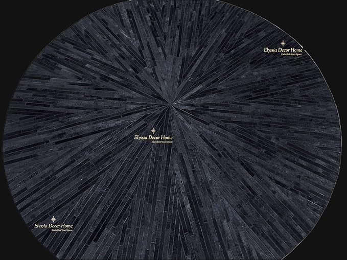 Premium Cowhide Leather Hand Made Stripes Patterned Round Area Rug - 8X8 ft - Black, Premium Hand Made House Carpet for Living Room, Bedroom, Entryway