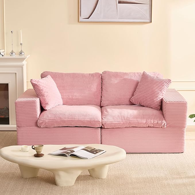 74.8” Cloud Couch, Modular Loveseat Sofa, Convertible Sofas Bed, Deep Seat Sofa, Cozy Sofa for Living Room, Office and Bedroom, Corduroy, Pink