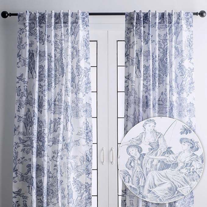 Maison d' Hermine Curtains for Living Room 100% Cotton 108 inch Length Two Panels Light Filtering Toile Curtain with Rod and Loop Pockets Drapes (The Miller Blue (White Background), 50" W x 108" L)