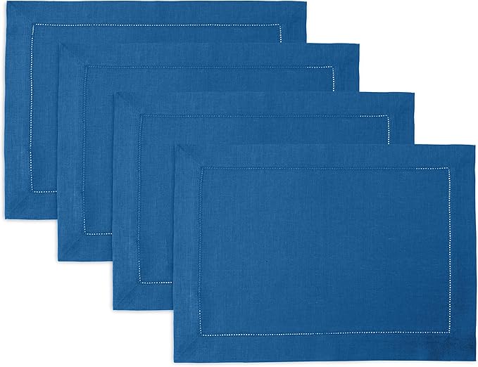 Solino Home Linen Placemats Set of 4 - Classic Hemstitch Indigo Blue Placemats 14 x 19 Inch - 100% Pure Linen Table Mats for Christmas, Holiday, Winter, New Year
