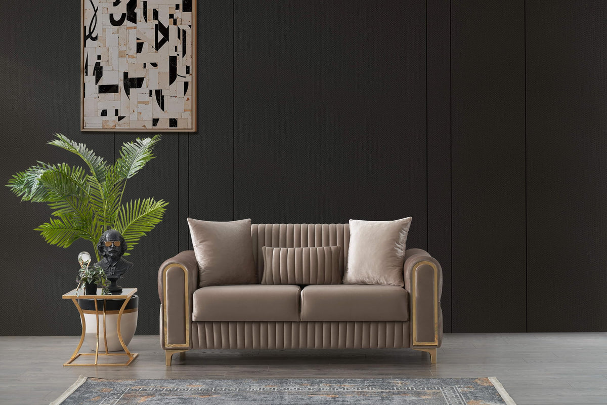 Velvet Loveseat, Sleeper Sofa, Convertible Loveseat, Taupe Sofa Couch with Wood and Construction, Gold Accent Arms and Legs, Modern Living Room, 69 Inch Wide
