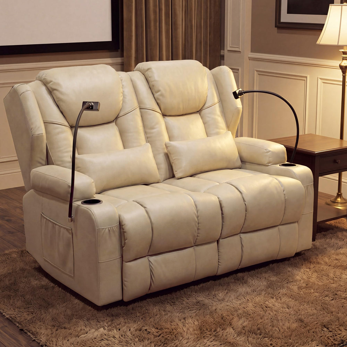 Roomark Loveseat Recliner with Massage and Heat, Wall Hugger Manual Recline Sofa for RV,Home Theater Seating,Living Room,Small Space Apartment, Cup Holders Included (Beige, 2 Seat)