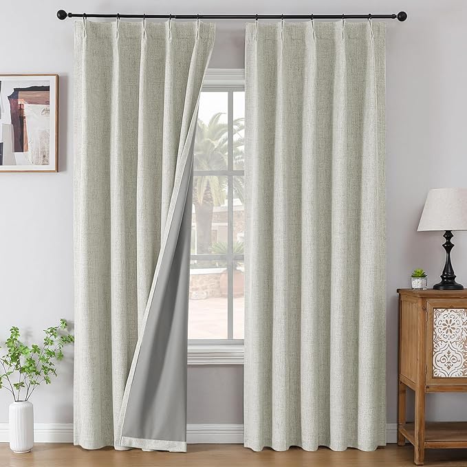 Joydeco Pinch Pleated Curtains - 100% Blackout for Bedroom, Light Beige Linen Curtains 40" W x 108" L, Thermal Insulated 2 Panels Light Blocking Drapes, Back Tabs for Living Room