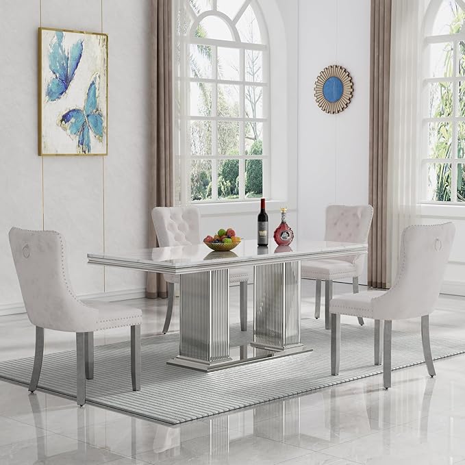 HomVent 68.11'' Rectangle Dining Table Set for 4, Modern Faux Marble Table Top & Stainless Steel Base (Silver with 4 Beige Chairs, 5 Pieces)