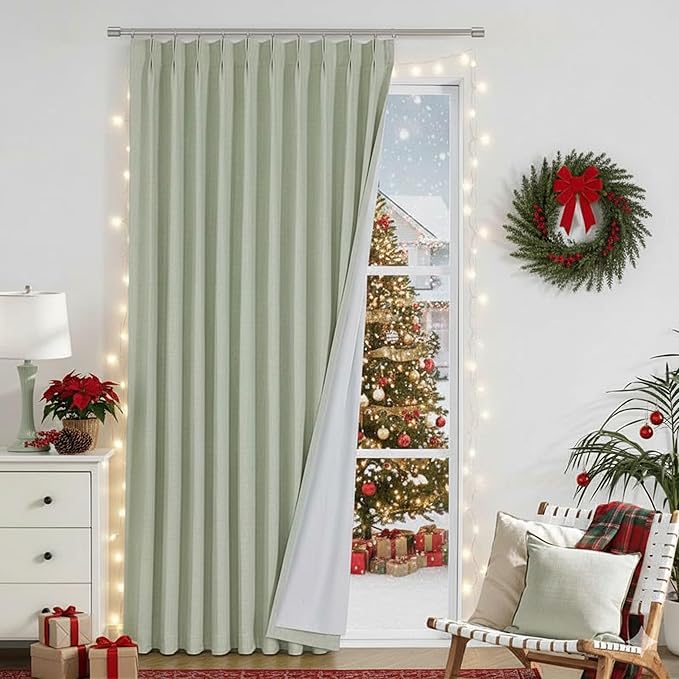 Vision Home Soft Green Pinch Pleated Full Blackout Curtains Linen Blended Room Darkening Window Panels 95 inch for Living Room Bedroom Thermal Insulated Pinch Pleat Drapes with Hooks 60" Wx95 Lx1