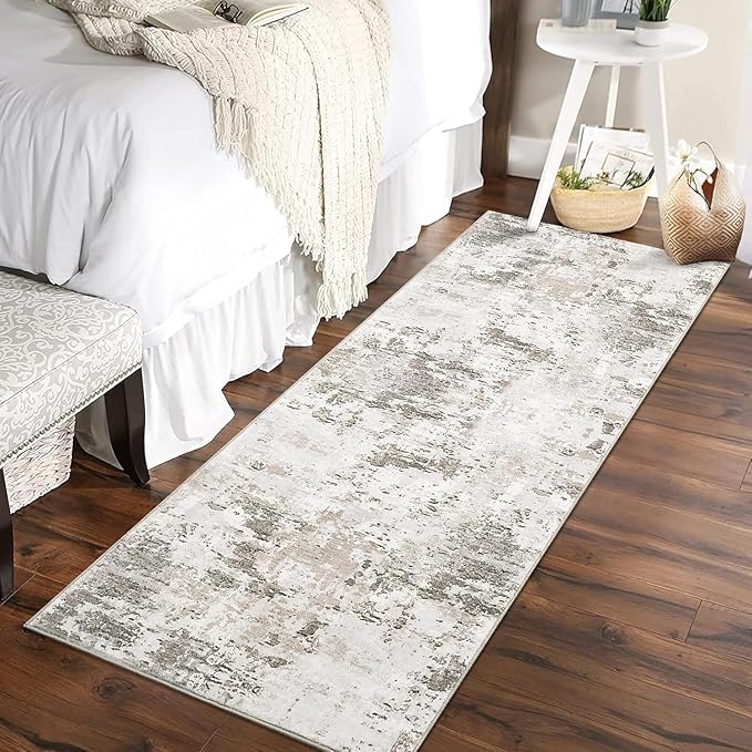 ROYHOM Modern Abstract 2x8 Runner Rug Non Slip Non Shedding Low Pile Stain Resistant Rug for Hallway Kitchen Bedroom, Taupe/Beige