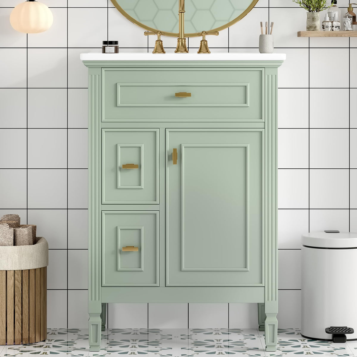 THINK 30 24-Inch Bathroom Vanity with Sink, Solid Wood and MDF Cabinet with One Flip Drawer, Two Standard Drawers, and Adjustable Shelf, Freestanding Vanity for Bathroom Storage, Green