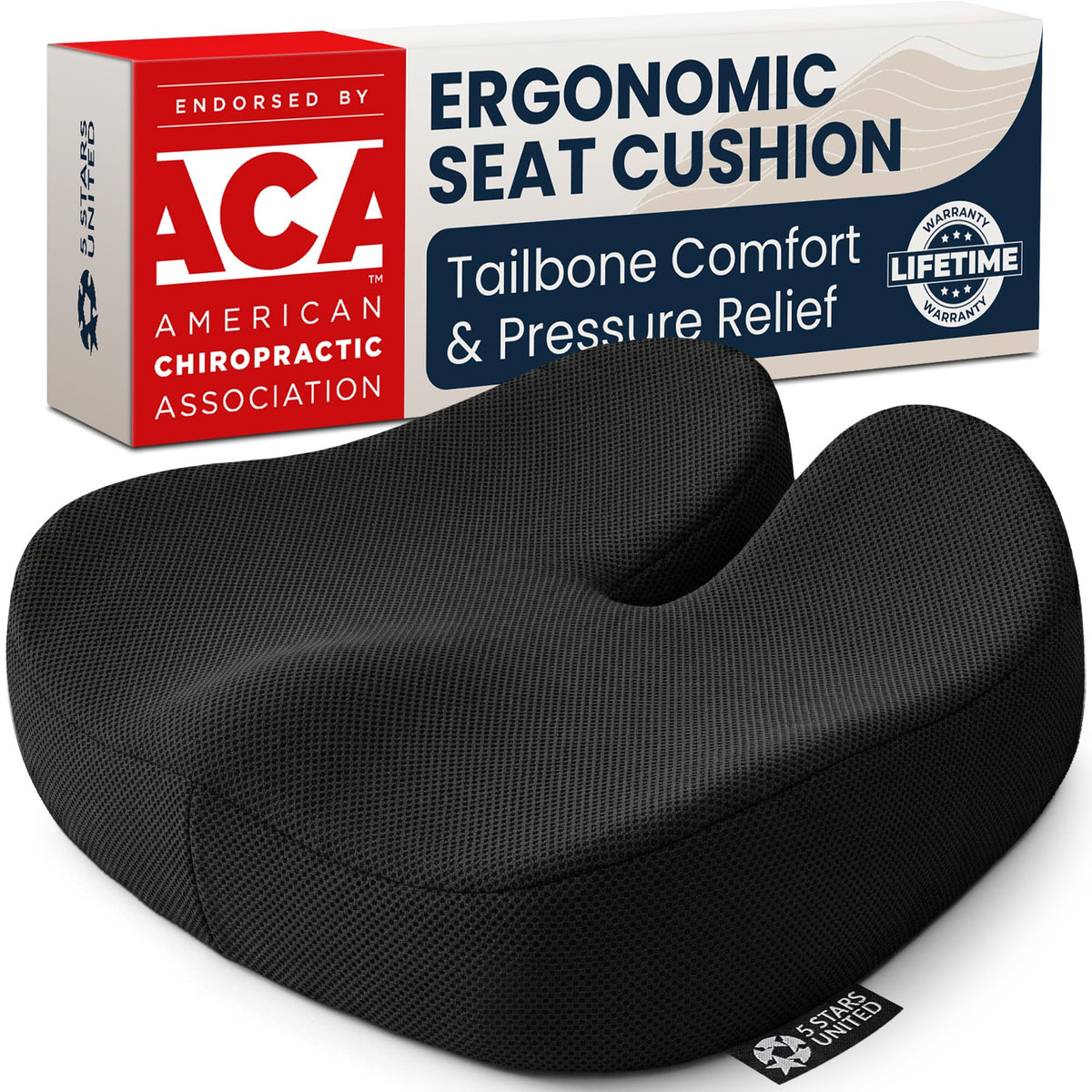 5 STARS UNITED Seat Cushion - Memory Foam Chair Cushion for Tailbone Pain Relief - Ergonomic Support for Coccyx, Sciatica & Butt - Office, Desk & Gaming Chair, Car Seat, Wheelchair, Black Mesh