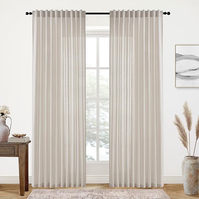 XTMYI Oatmeal Beige Country Curtains for Living Room,Sheer Linen Curtains for Bedroom 102 Inches Long,70 Inches Wide