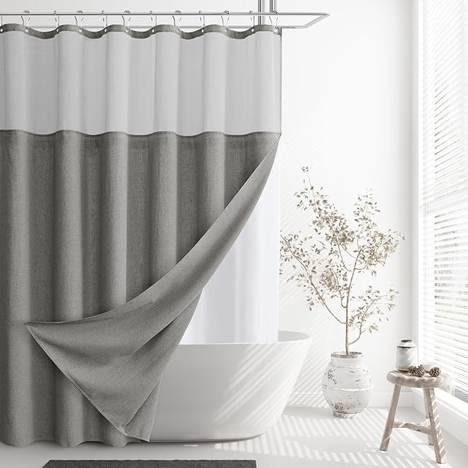 Naturoom Long Shower Curtain 84 Length Linen Thick Cloth Bath Grey Shower Curtain Set with Liner, Tall Modern Farmhouse Neutral Fabric Men Curtains for Bathroom, Mesh Top Window, Gray
