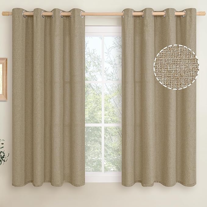LAMIT Natural Linen Curtains 45 inch Length 2 Panels, Linen Textured Thermal Insulated Bedroom Curtains Grommet Privacy Light Filtering Drapes for Living Room/Farmhouse, W52 x L45, Tan Brown