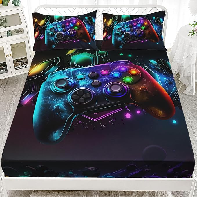 AILONEN Gamepad Fitted Sheet for Kids Girls Queen Size, Beautiful Gamer Bed Sheet Set,3D Colorful Game Handle Theme Bed Sheet Sets,1 Fitted Sheet and 2 Pillowcases,3 PCS,All Season Use