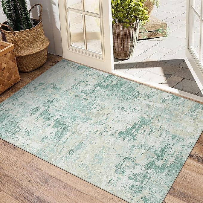 Modern Abstract 2x3 Area Rug Non Slip Non Shedding Low Pile Stain Resistant Rug for Entryway Kitchen Bedroom,Green