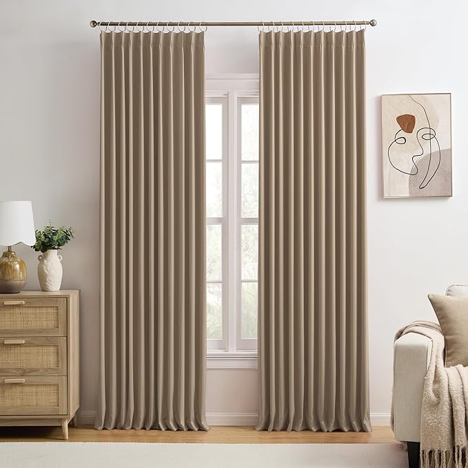 KEQIAOSUOCAI Cappuccino Pinch Pleated 72 Inch Wide Curtains 72 x 108, Thermal Insulated Noise Cancelling Living Room Office Drapes 108 Inches Long, Patio Sliding Glass Door Window Curtain 2 Panels