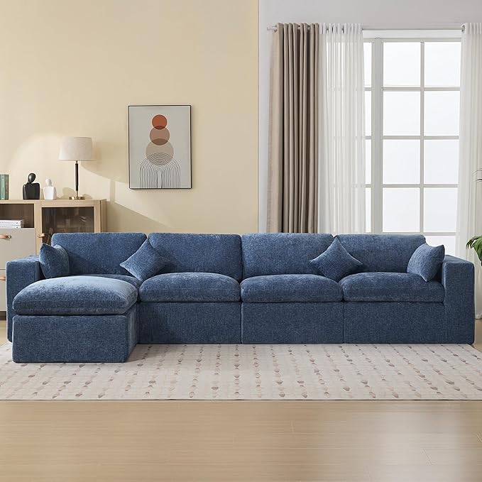 155''Cloud Boneless Sectional Couch, Modular Sectional Sofa Deep Seat with Ottoman, Oversized Upholstered Convertible Comfy 5 Seater Chenille Sofa L Shape Couches for Living Room, Blue