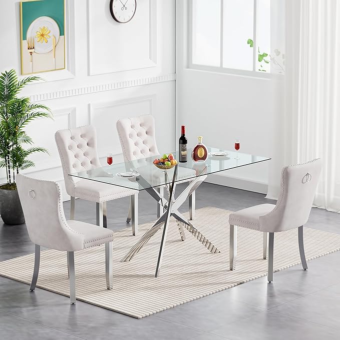 Rectangular Glass Dining Table Set for 4, Modern Tempered Glass Kitchen Table Set and Chairs, Rectangular Glass Dining Room Table Set for Kitchen (Silver, 52 inch Silver Table with 4 Beige Chairs)