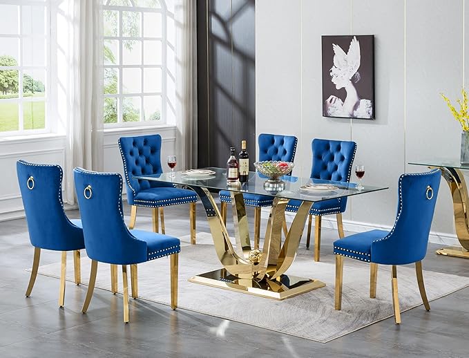 7-Piece Glass Dining Table Set w/6 Blue Upholstered Dining Chairs, 70in Rectangular Large Kitchen Table Set for 6, Glass and Gold Dining Table and Chair Set for 6