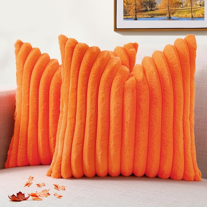 decorUhome Faux Fur Spring Throw Pillow Covers 20x20 Set of 2, Decorative Soft Plush Striped Neutral Couch Euro Pillow Covers with Velvet Back for Sofa, Bed, Living Room Home Decor, Orange