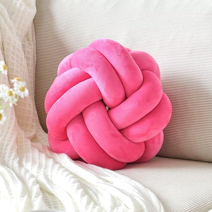 Round Knot Plush Cushion, 11 Inch Decorative Throw Pillows for Bedroom, Sofa, Couch - Modern Designs in Hot Pink