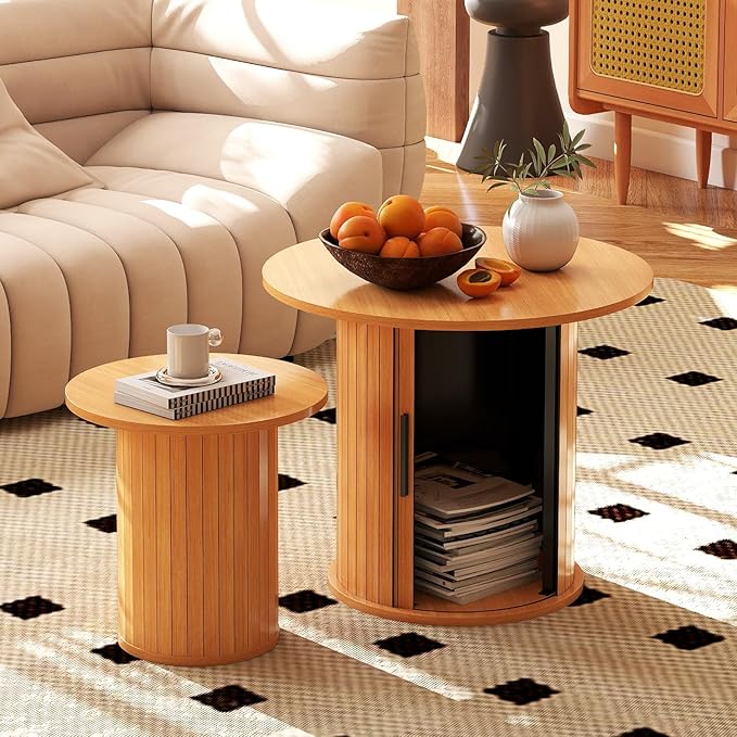 COSVALVE Nesting Coffee Table Set of 2 with Hidden Storage & Sliding Door, Circle Wood Coffee Table, Farmhouse Side & End Table Sets for Living Room, Small Spaces, Natural