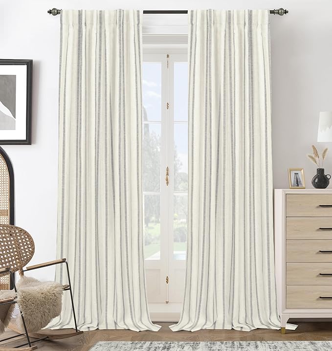 DriftAway Farmhouse Linen Blend Blackout Curtains 108 Inches Long for Bedroom Vertical Striped Printed Linen Curtains Thermal Insulated Lined Treatments for Living Room 2 Panels W52 x L108 Linen Grey