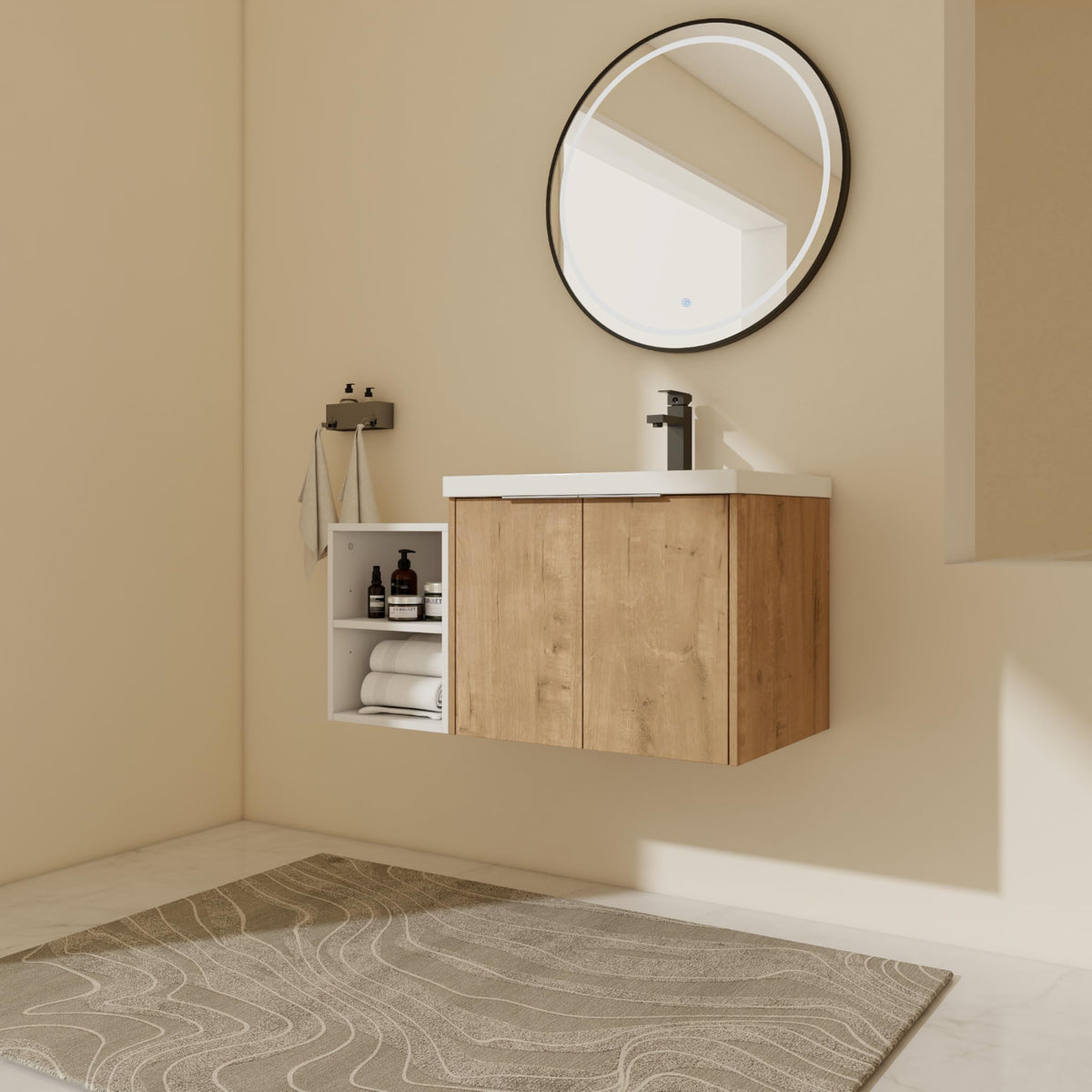 36 Inch Bathroom Vanity with Sink, 36” Floating Vanity, Double Bathroom Vanities with Sinks, White Glossy Resin Sinks, 12" Small Open Shelf, Modern Wall Mounted Cabinet Set with 2 Soft Close Doors