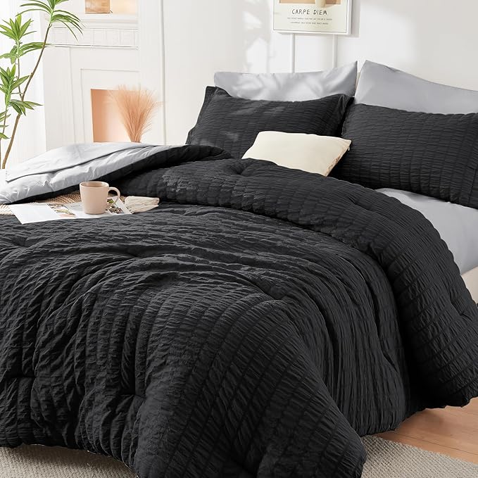 HYMOKEGE Black/Light Grey Twin XL Comforter Set Seersucker 5 Pieces, All Season Luxury Bed in a Bag for Bedroom, Bedding Set with Comforter, Sheets, Pillowcase & Sham