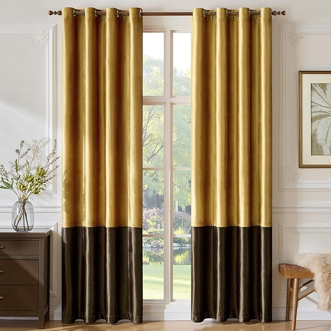 BULBUL Color Block Window Curtains Panels 84 inches Long Gold Brown Velvet Farmhouse Drapes for Bedroom Living Room Darkening Treatment with Grommet Set of 2