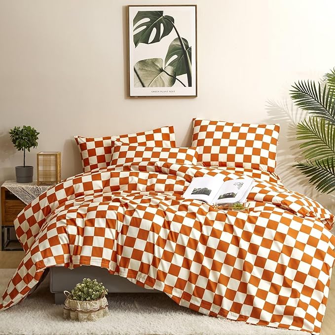 Houseri Burnt Orange Plaid Comforter Set White and Bedding Sets Twin Rust Grid Buffalo Checkered Kids Terracotta Gingham Size, Twin(68''*90''-Comforter)
