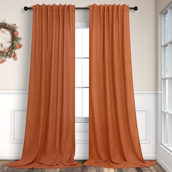 Burnt Orange Curtains 108 Inches Long for Living Room Dining 2 Panels Back Tab Pocket Drape Light Filtering Semi Sheer Linen Curtains for Bedroom Patio Door Autumn Neutral Earth Tone Decor Rust 52x108