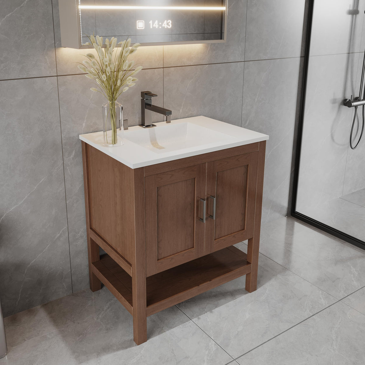 24" Bathroom Vanity Base – Freestanding Solid Wood Cabinet with Open Shelf, Soft-Close Doors, Natural Wood Finish, Sink Base Only (No Top)