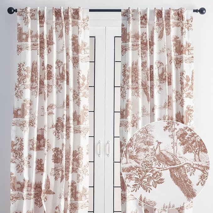 Maison d' Hermine Curtains for Living Room 100% Cotton 84 inch Length Two Panels Light Filtering Toile Curtains for Bedroom Windows with Rod and Loop Pockets Drapes (Trianon Brown, 50" W x 84" L)