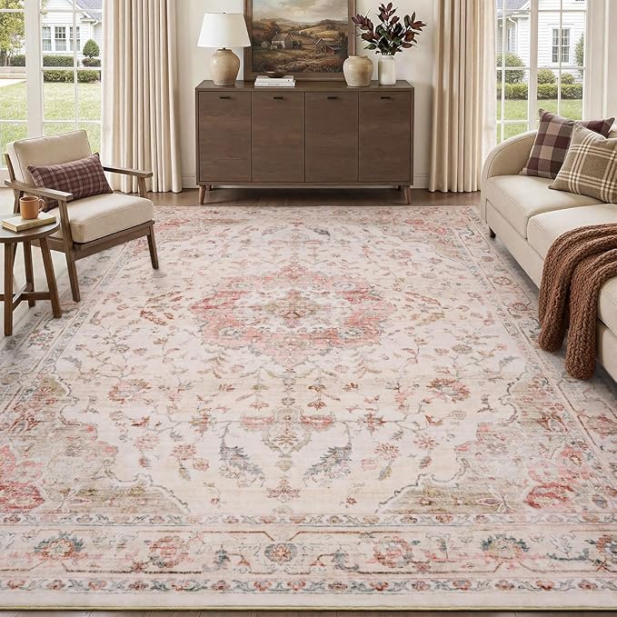 PADOOR-Vintage Area Rug 8X10 Rugs for Living Room-Soft Pink Rugs for Bedroom-Machine Washable Rug Non Slip Carpet-Rug for Dining Room Living Room Bedside Office